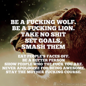 Be a fucking wolf. Be a fucking lion. Take no shit. Set goals. Smash them. Eat people's faces off. Be a better person. Never apologize for being awesome. Stay the mother fucking course. - Best writing advice ever.