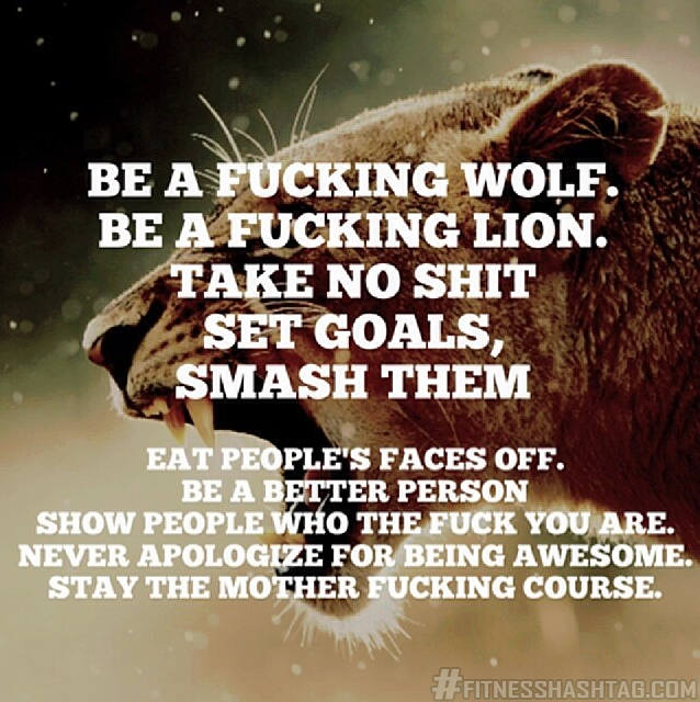 Be a fucking wolf. Be a fucking lion. Take no shit. Set goals. Smash them. Eat people's faces off. Be a better person. Never apologize for being awesome. Stay the mother fucking course.